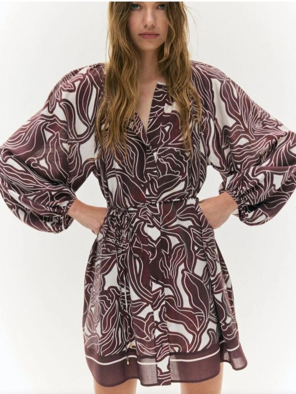 NWT Boho Floral Print Mini Dress Large Burgundy Cream Tie Waist Balloon Sleeve